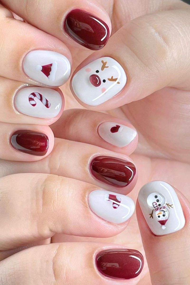 Deep Red with Playful Christmas Characters — Short Christmas Nails 2026