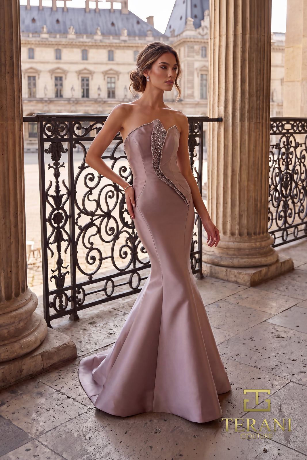 Pale Mauve Satin Mermaid Gown with Asymmetrical Beading Pale Mauve Satin Mermaid Gown with Asymmetrical Beading — Mermaid Gala Dress 2027