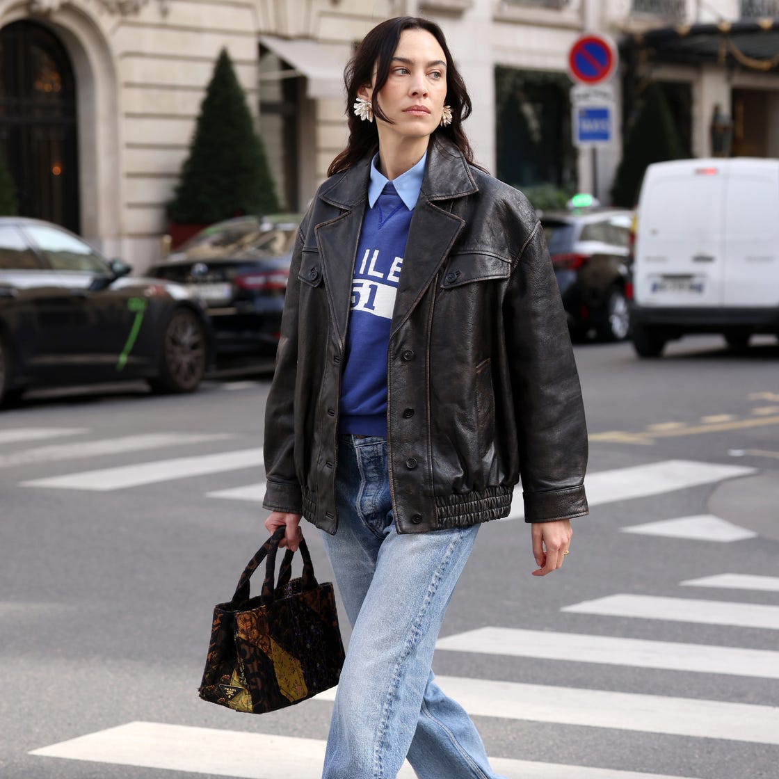Modern Classic: Blue Sweatshirt Under Leather Jacket Modern Classic: Blue Sweatshirt Under Leather Jacket — Sweatshirt Outfits 2027