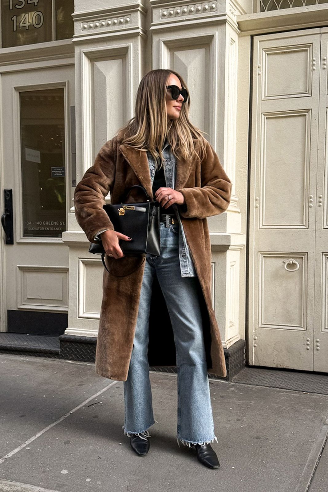 Faux Fur Coat with Denim Shirt and Jeans for Daytime Casual Faux Fur Coat with Denim Shirt and Jeans for Daytime Casual — Brown Coat Outfits 2027