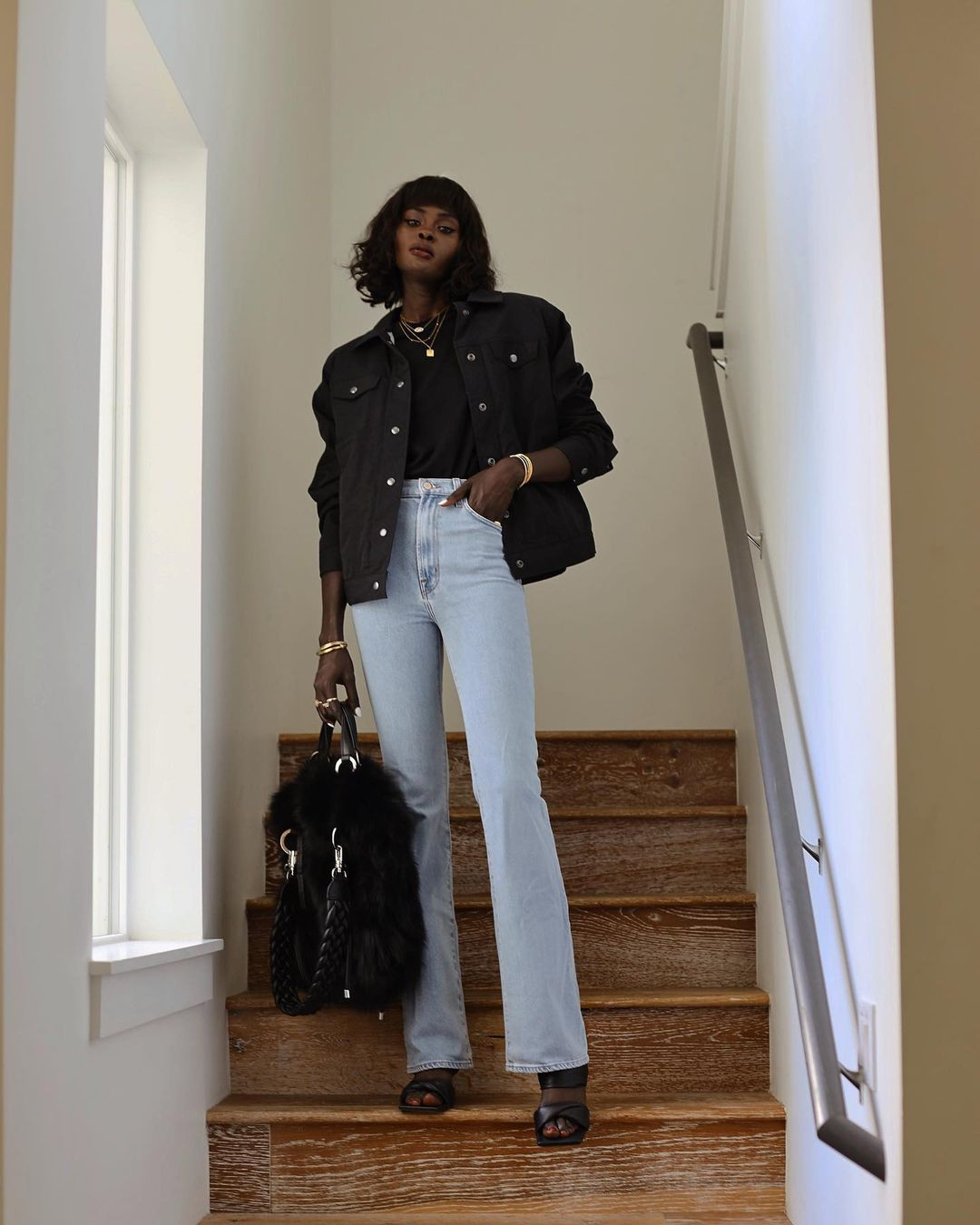 Chic Casual: Light Bootcut Jeans with Black Denim Jacket and Platform Sandals Chic Casual: Light Bootcut Jeans with Black Denim Jacket and Platform Sandals — Bootcut Jeans Outfits 2027 with Denim Jacket