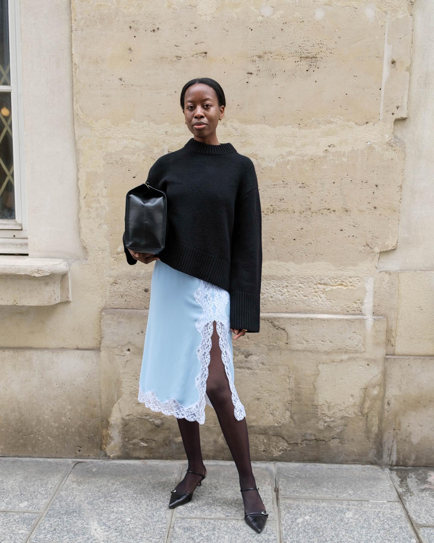 Cozy Elegance: Lace-Trimmed Slip Skirt with Knit Sweater — Lace Skirt Outfits 2027