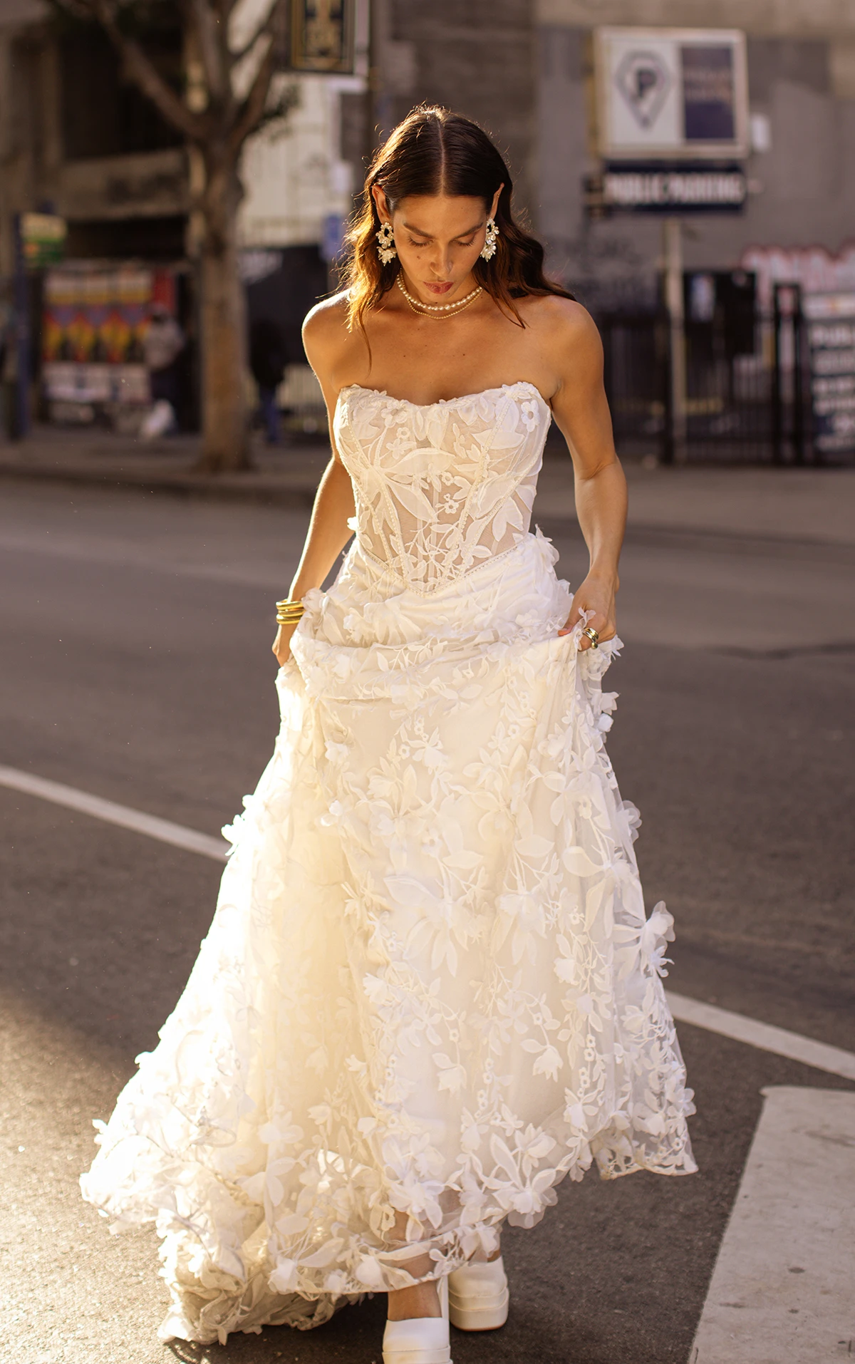 White Strapless Gown with Full Skirt and Extensive 3D Floral Appliqués — 3D Floral Outfits 2027