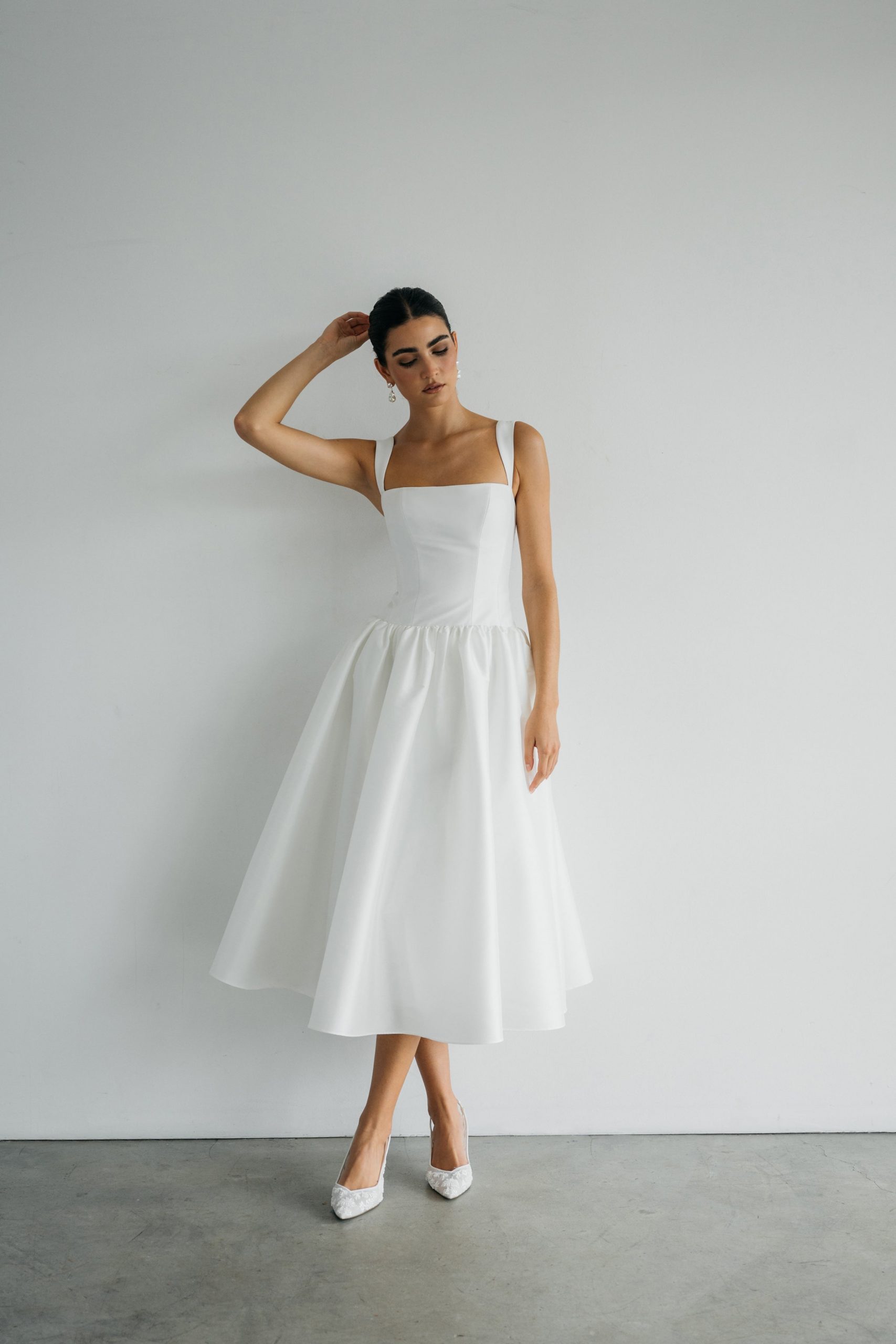 Classic Ivory Satin Midi with Full Skirt — Bridal Shower Dresses 2027