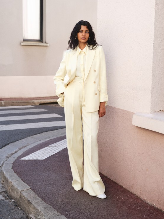 Pale Yellow Cropped Blazer with White Shirt and Trousers Pale Yellow Cropped Blazer with White Shirt and Trousers — Cropped Blazer Outfits 2027