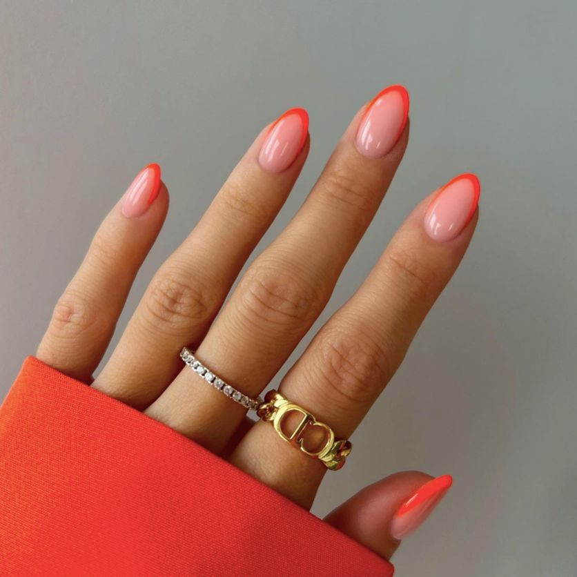 Precise Application Clean Cuticle Lines Vibrant Coral-Orange Tips Medium Almond — Coral French Tip Nails 2027