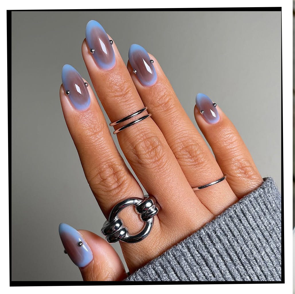 Blue Gradient with Silver Studs Almond Nails — Nail Colors 2027