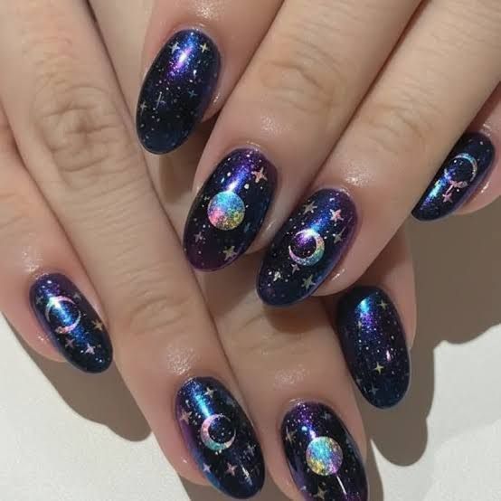 Galaxy Swirl Oval Nails with Foil Decals — Moon and Stars Nails 2027