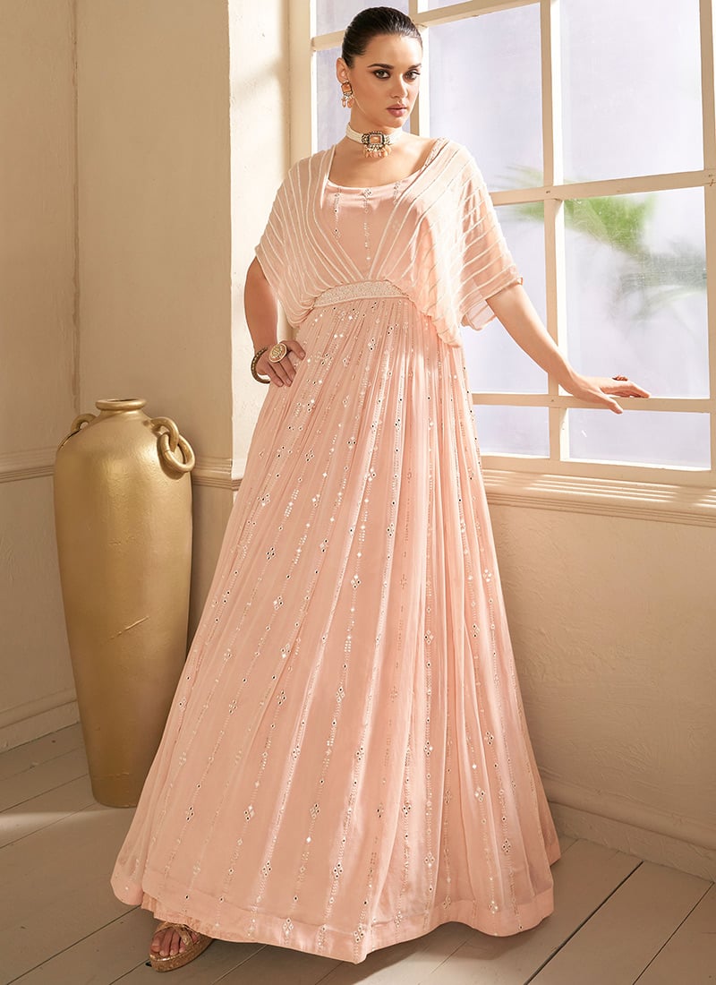 Pale Peach Embellished Maxi Dress with Cape Overlay — Summer Wedding Outfits 2027