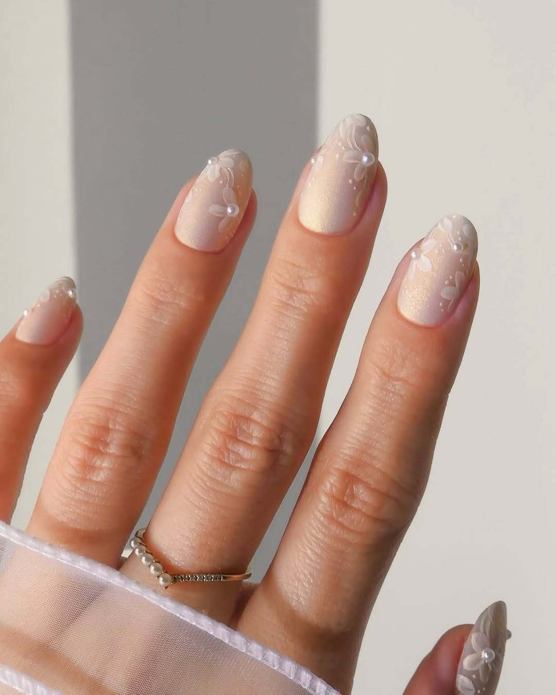 Pale Champagne Embossed Floral Nails — White Wedding Nails 2027