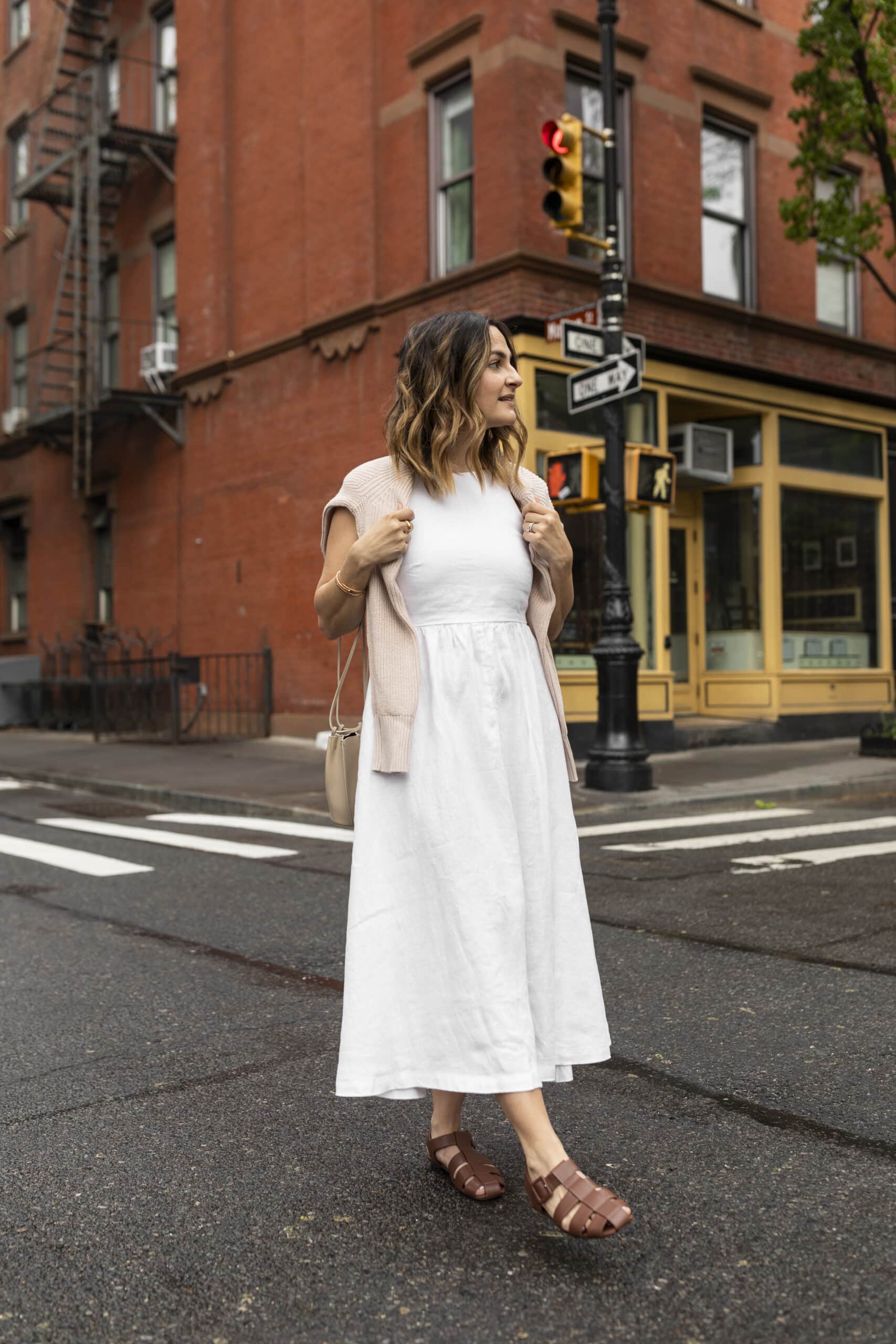White Linen A-Line Dress with Pink Knit Vest and Fisherman Sandals White Linen A-Line Dress with Pink Knit Vest and Fisherman Sandals — Dress 2027 with Sandals Outfit