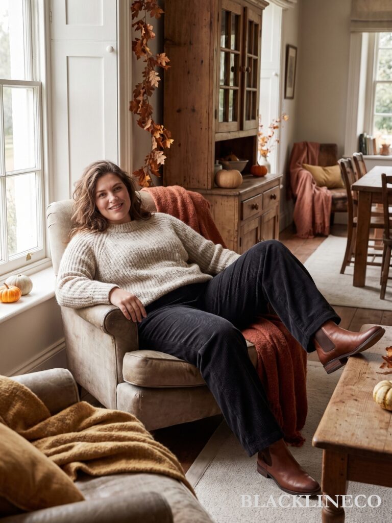 Cream Cable-Knit Sweater with Corduroy Pants — Plus Size Thanksgiving Outfits 2026