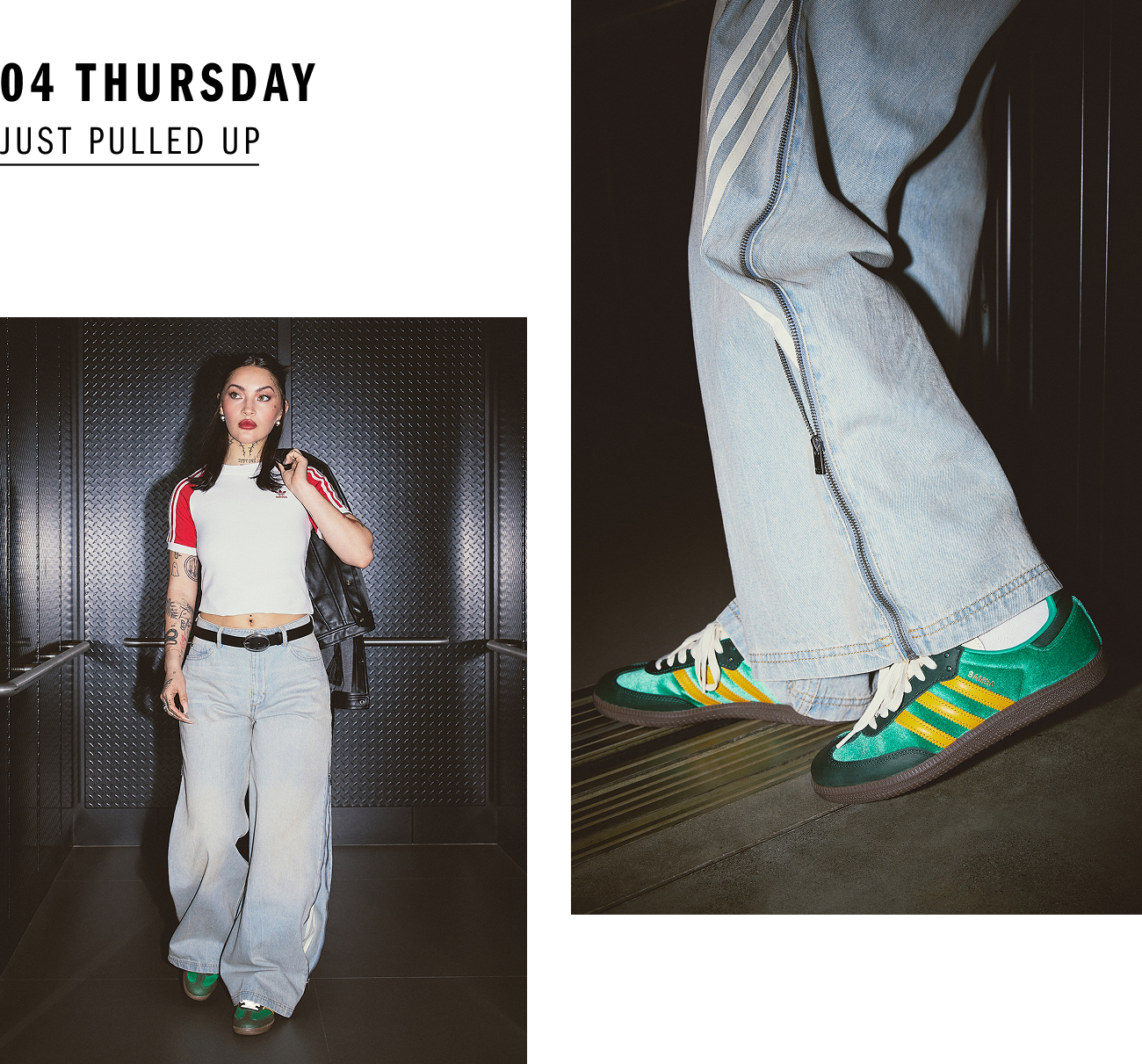 Black Leather Jacket and Light Blue Jeans with Green & Yellow Adidas Samba Black Leather Jacket and Light Blue Jeans with Green & Yellow Adidas Samba — Adidas Samba Spring Outfits 2027