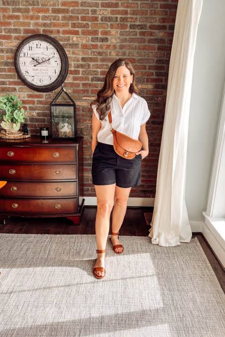 Black Shorts with Collared Shirt and Brown Crossbody Bag Black Shorts with Collared Shirt and Brown Crossbody Bag — Summer Outfits 2027 with Shorts