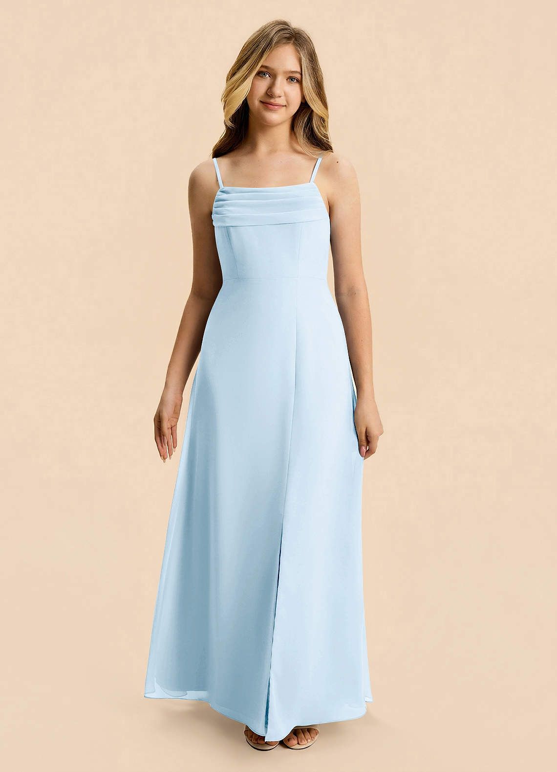 Light Blue Chiffon One-Shoulder with Ruched Bodice and Slit Light Blue Chiffon One-Shoulder with Ruched Bodice and Slit — Junior Bridesmaid Dress 2027