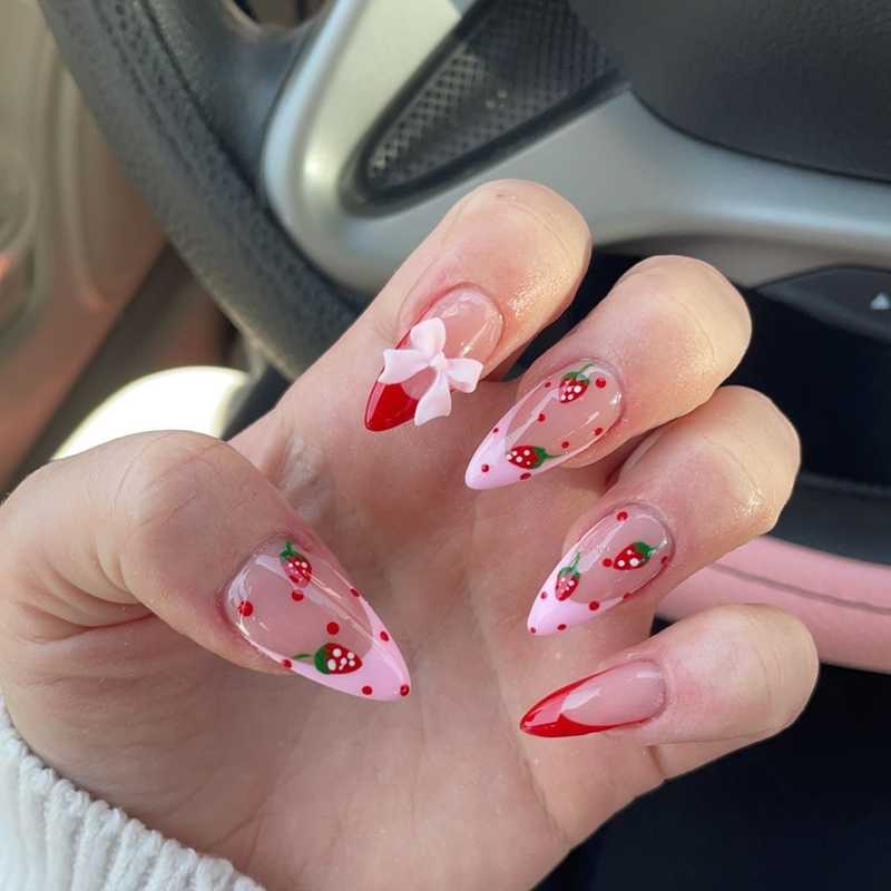 Strawberry Pink Bow French Tip Stilettos Strawberry Pink Bow French Tip Stilettos — Date Night Nails 2027