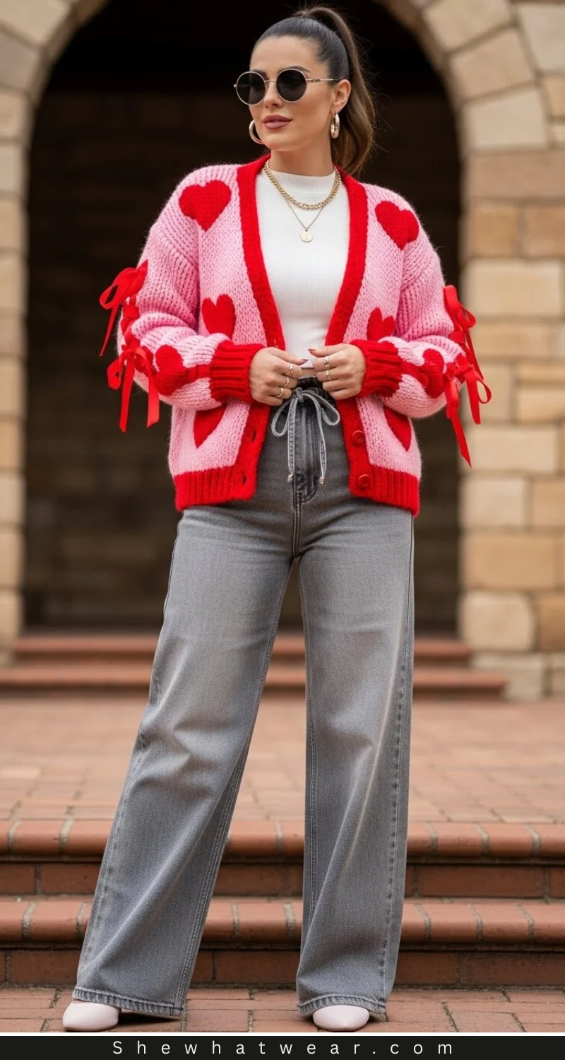Cozy Heart-Patterned Cardigan for a Casual Galentines Day Cozy Heart-Patterned Cardigan for a Casual Galentines Day — Galentines Outfits 2027