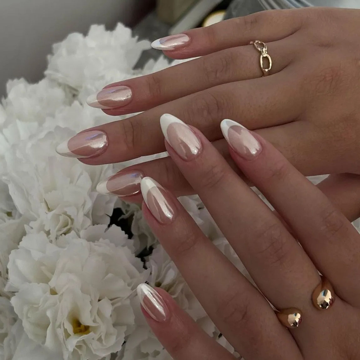 Pearlescent French Almond Nails Pearlescent French Almond Nails — Wedding Guest Nails 2027