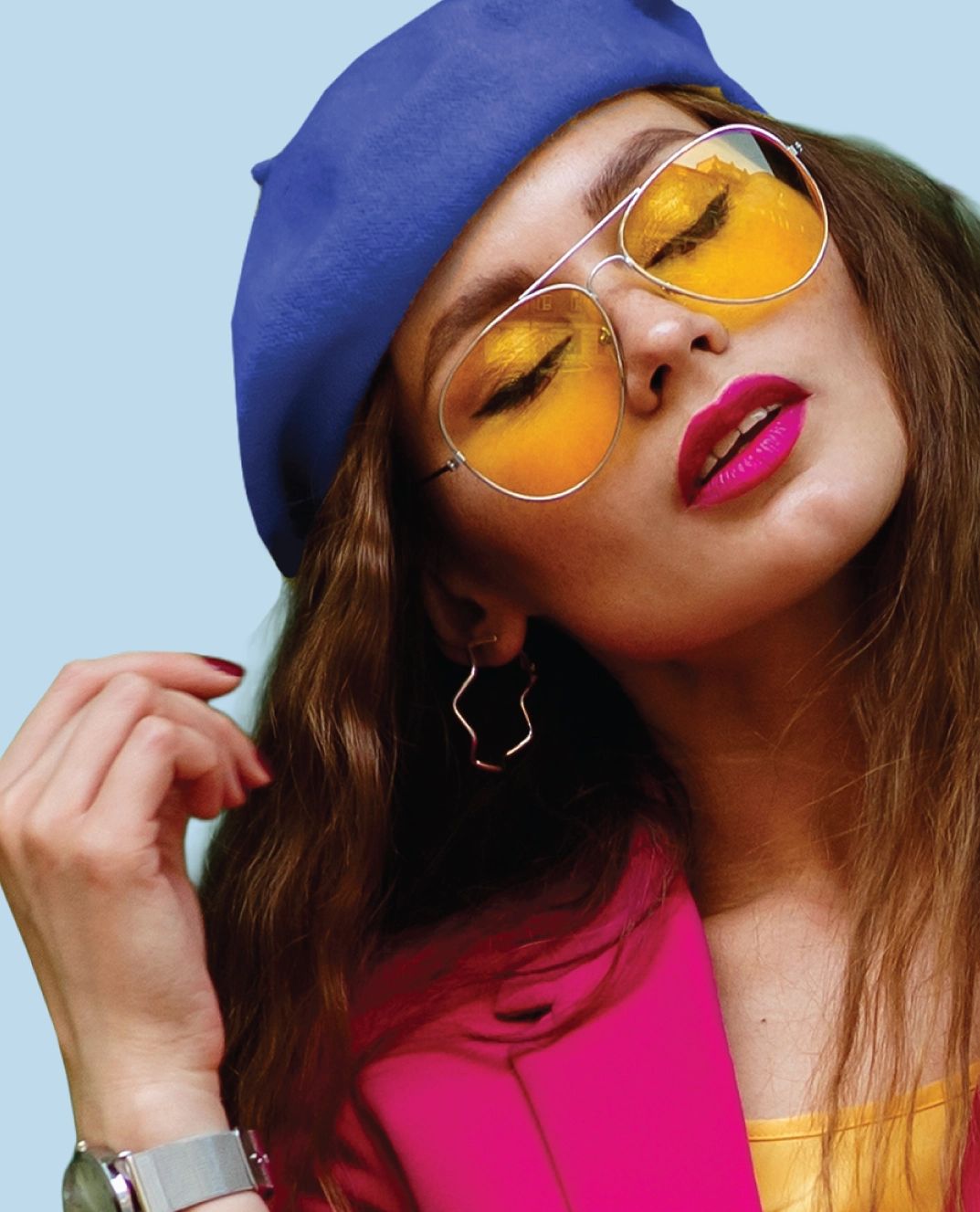 Vibrant Yellow Aviators with a Pink Blazer and Blue Beret — Aviator Sunglasses for Women 2027