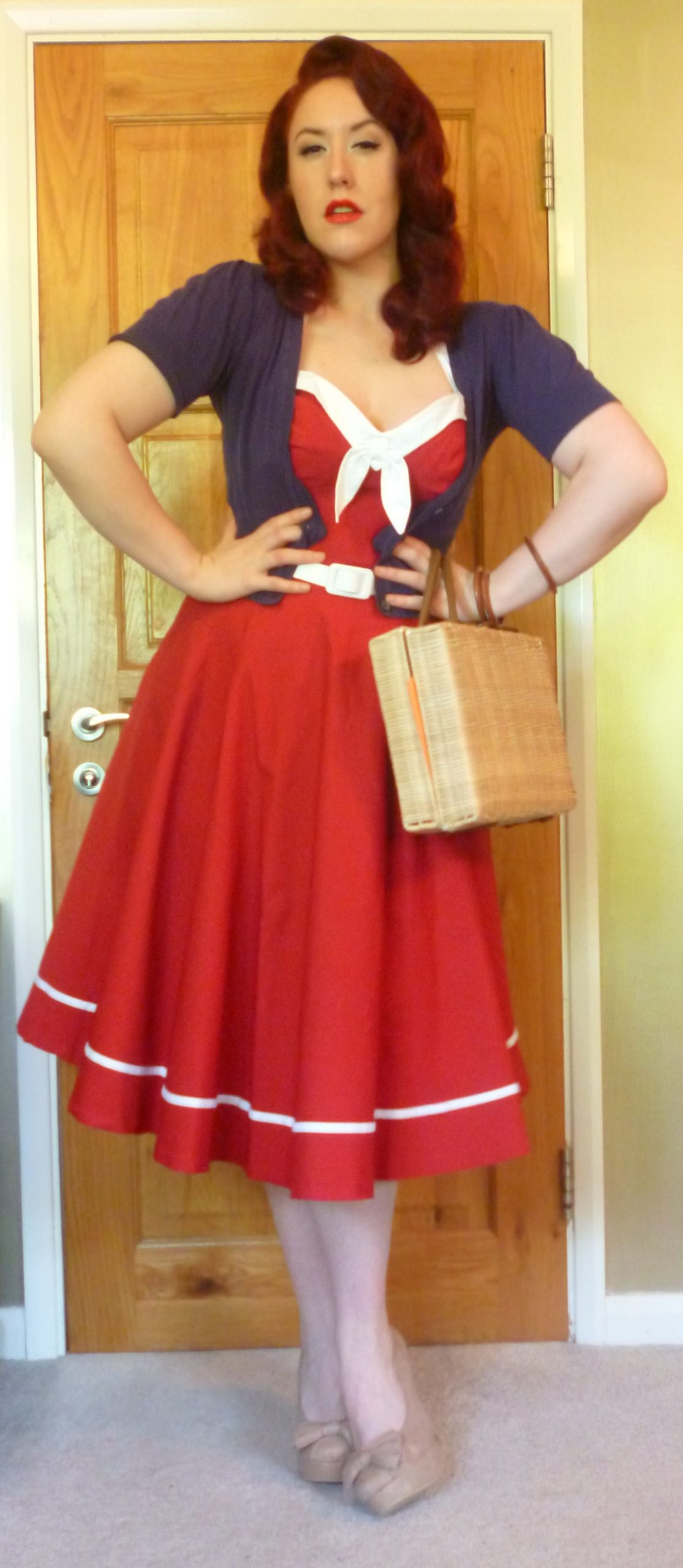 Red Sweetheart Dress with Navy Cardigan and Ballet Flats Red Sweetheart Dress with Navy Cardigan and Ballet Flats — Pin Up Outfits 2027