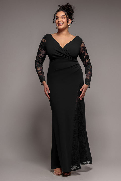 Black Jersey Dress with Long Lace Sleeves for Formal Events Black Jersey Dress with Long Lace Sleeves for Formal Events — Plus Size Wedding Guest Outfits 2027