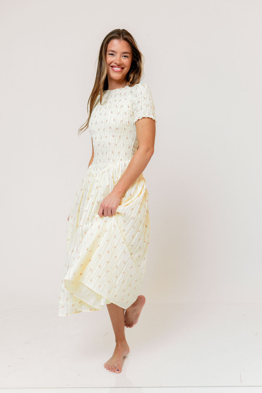 Smocked Bodice Bliss: Pale Yellow Floral Print Midi Smocked Bodice Bliss: Pale Yellow Floral Print Midi — Midi Dresses 2027