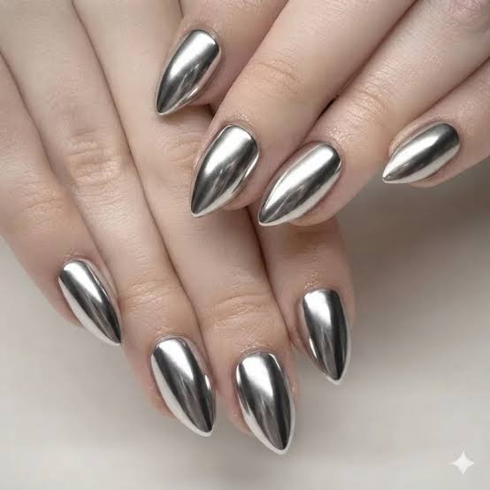 Mirror Silver Chrome Long Almond Nails Mirror Silver Chrome Long Almond Nails — Date Night Nails 2027
