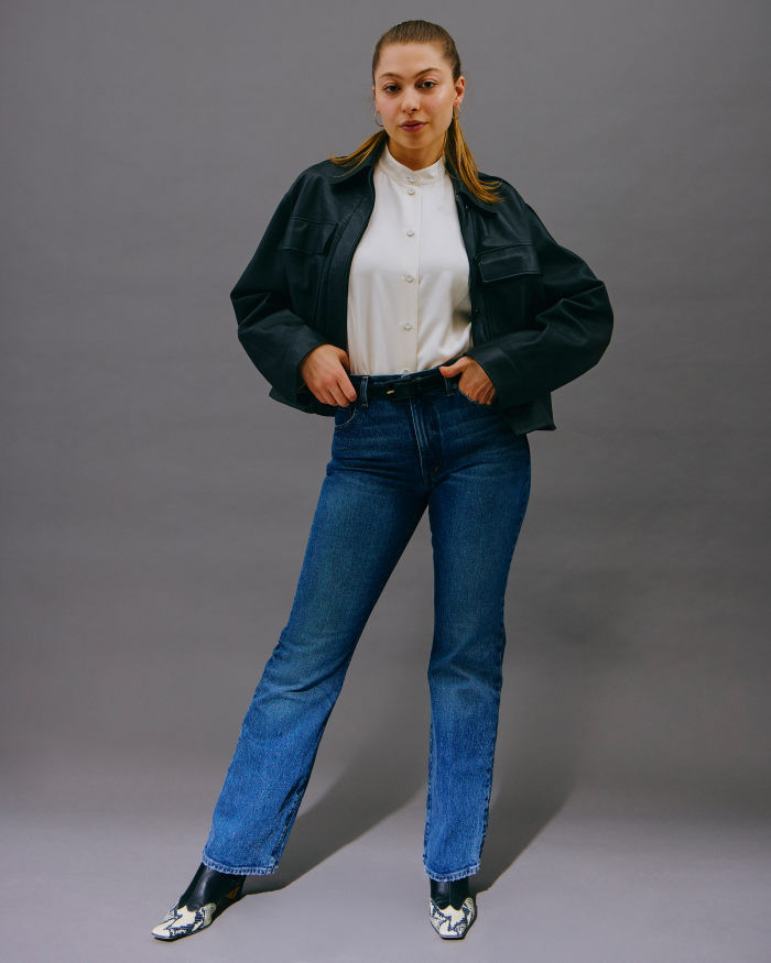 Work Medium Wash Bootcut Jeans with Snake Print Boots — Work Bootcut Jeans Outfits 2027
