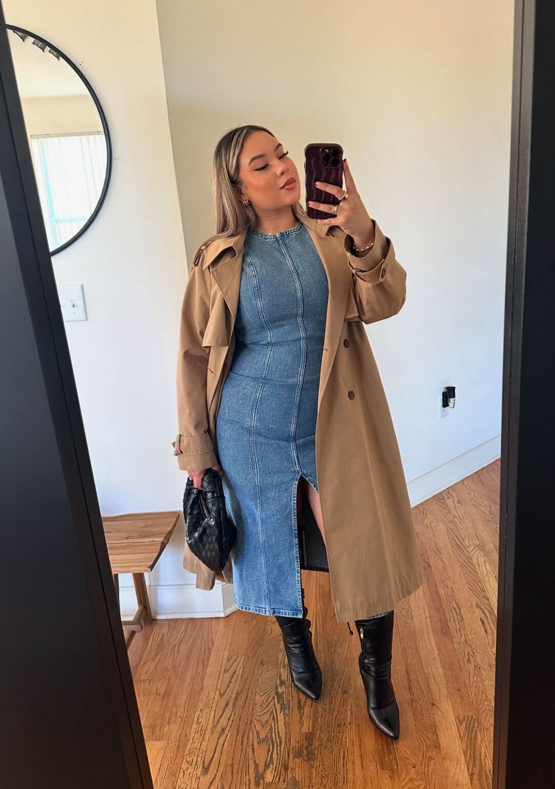 Denim Midi Dress with Trench Coat for Fall — Plus Size Thanksgiving Outfits 2026