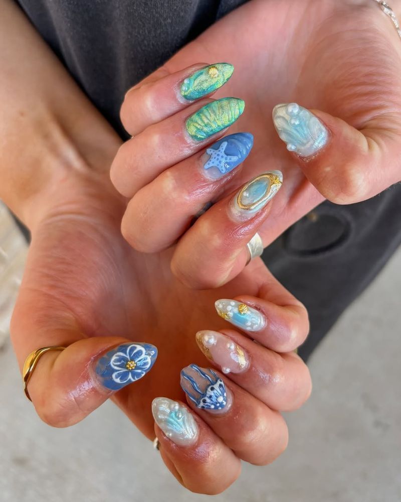 Ocean Swirls 3D Jellyfish Almonds — Coastal Nails 2027