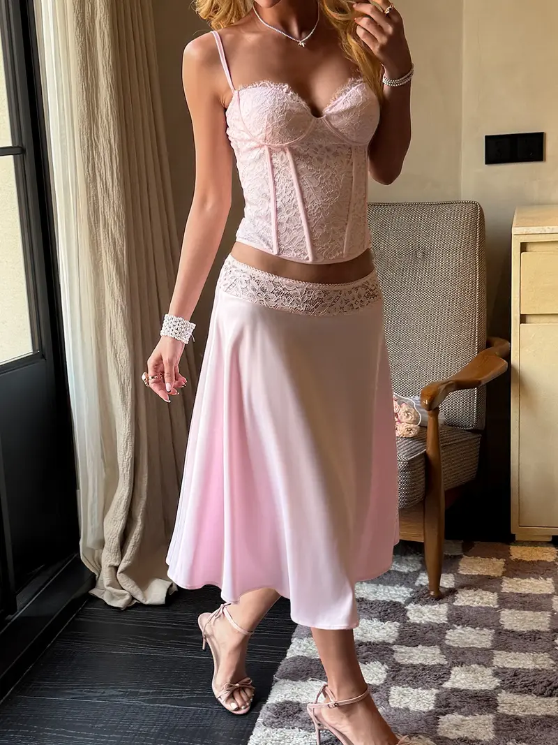 Monochromatic Coquette Glamour: Pink Lace Corset and Midi Skirt Coquette Corset Top Outfits 2027