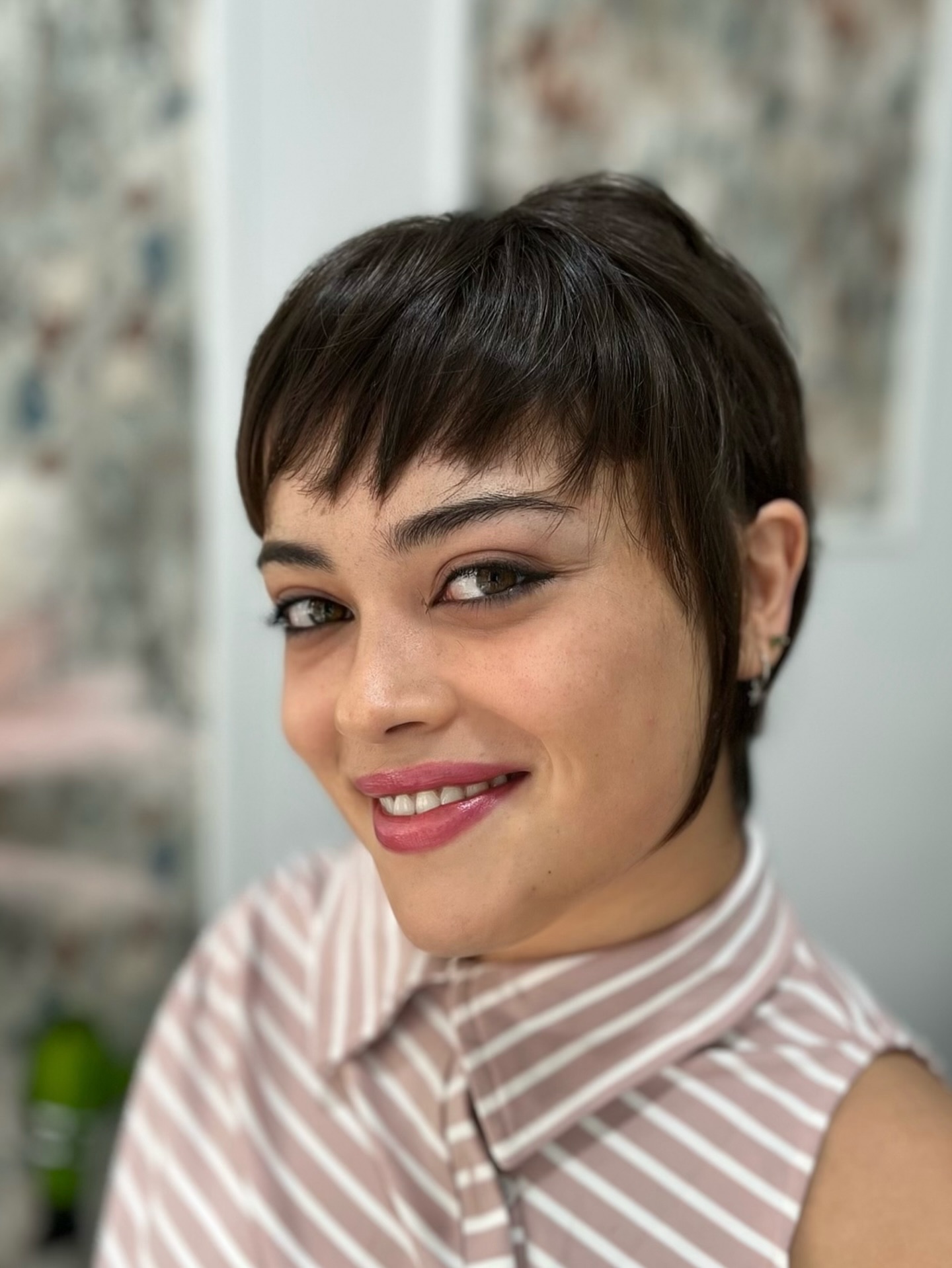 Ear Dark Brown Pixie with Micro Bangs Ear Dark Brown Pixie with Micro Bangs — Pixie 2027 with Bangs