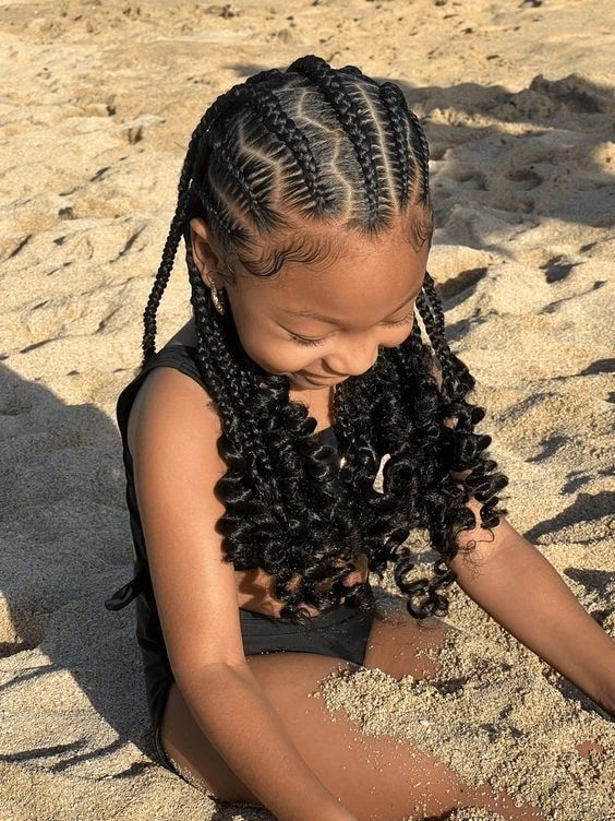 Cornrows With Geometric Pattern and Curly Ends — Kids Braids 2027