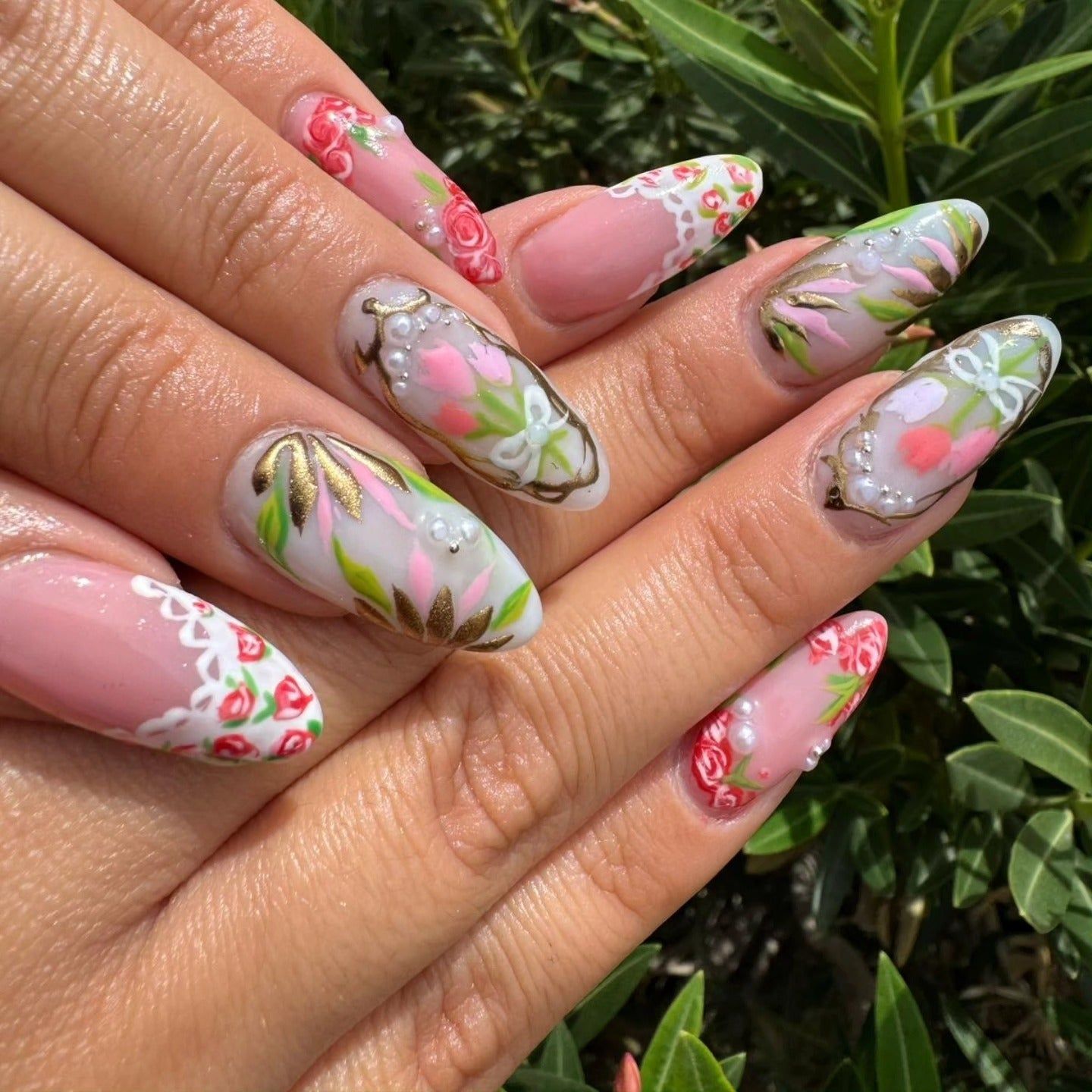 Pink Rose & Lace French Almonds Pink Rose & Lace French Almonds — Long Floral Nails 2027