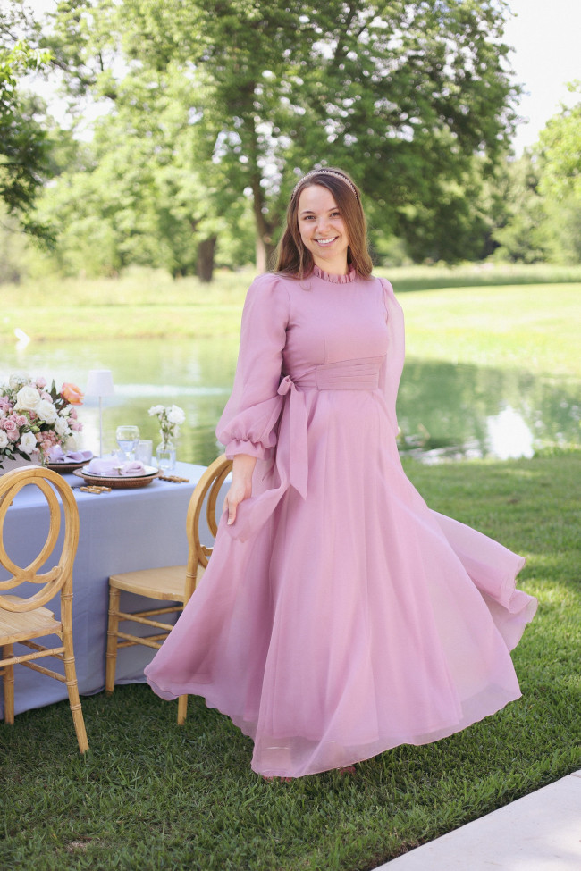 Modest Elegance: Dusty Rose Maxi Dress with Bow Detail — Mothers Day Brunch Outfits 2027