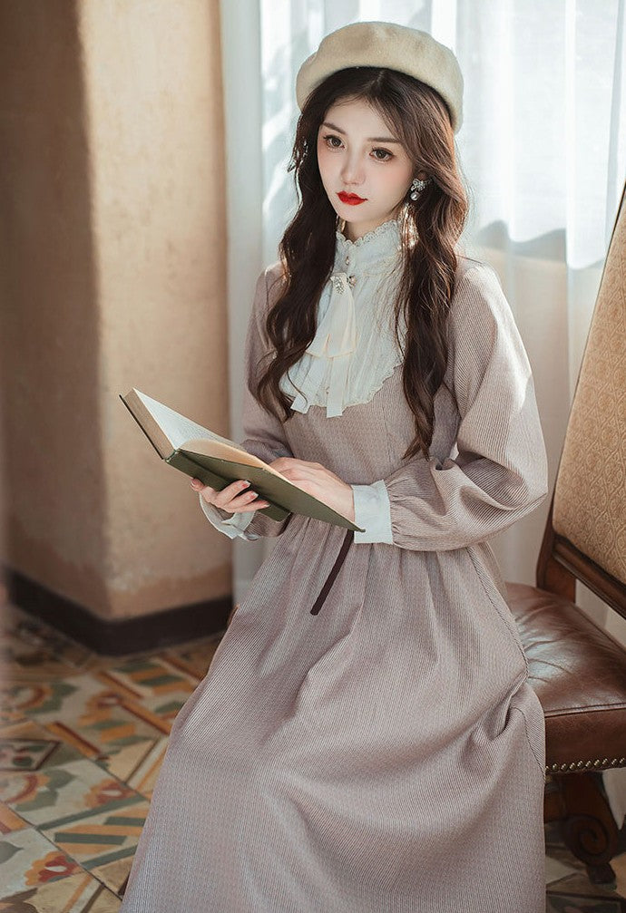 Taupe Textured Midi Dress with Ruffled Collar and Beret — Fairycore Outfits 2027