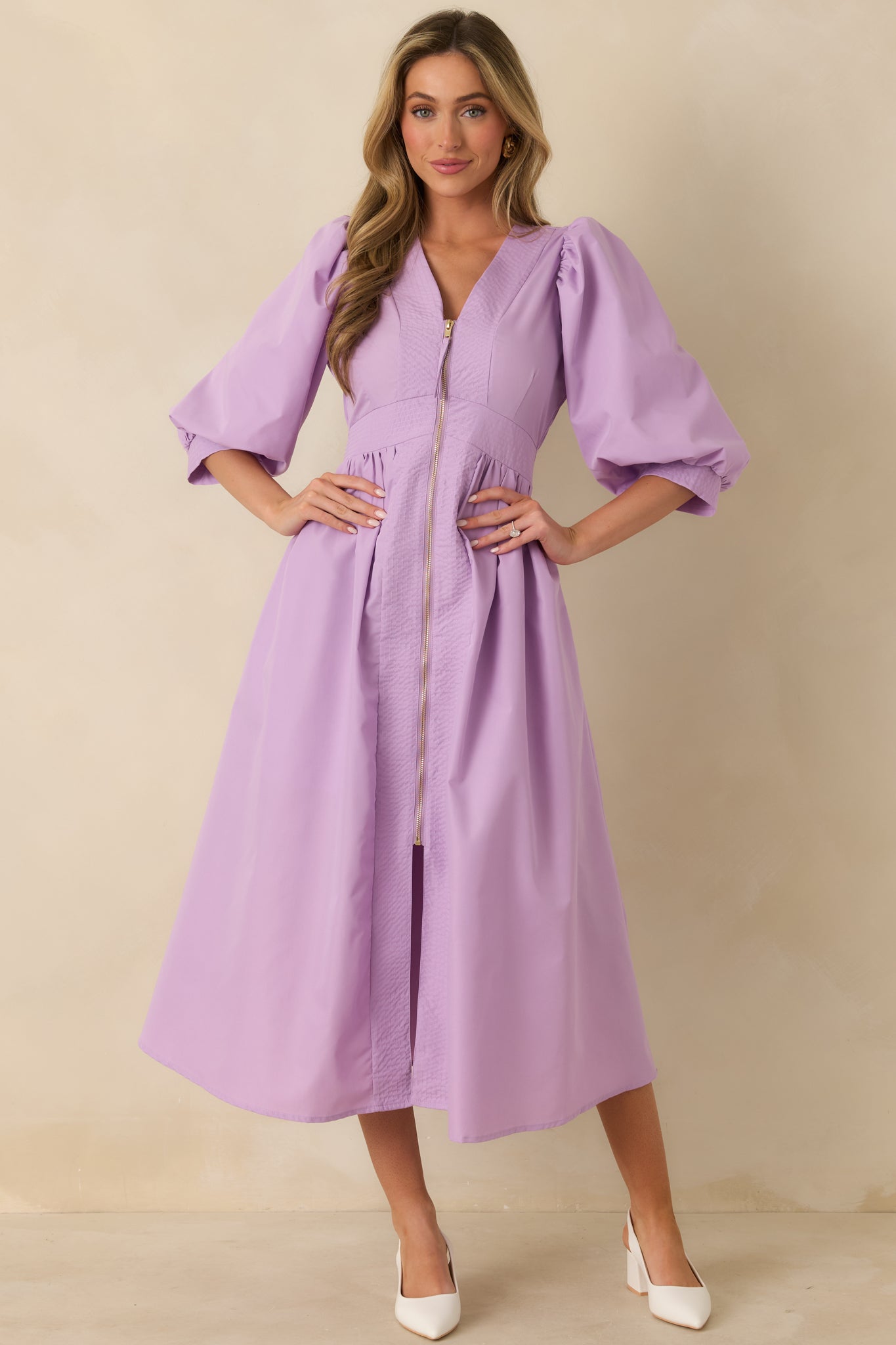 Lavender Fit-and-Flare Midi Dress with Blouson Sleeves Lavender Fit-and-Flare Midi Dress with Blouson Sleeves — Lavender Outfits 2027