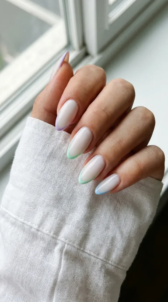 Glossy Delicate Pastel French Tip Almond Nails Glossy Delicate Pastel French Tip Almond Nails — Pastel Almond Nails 2027