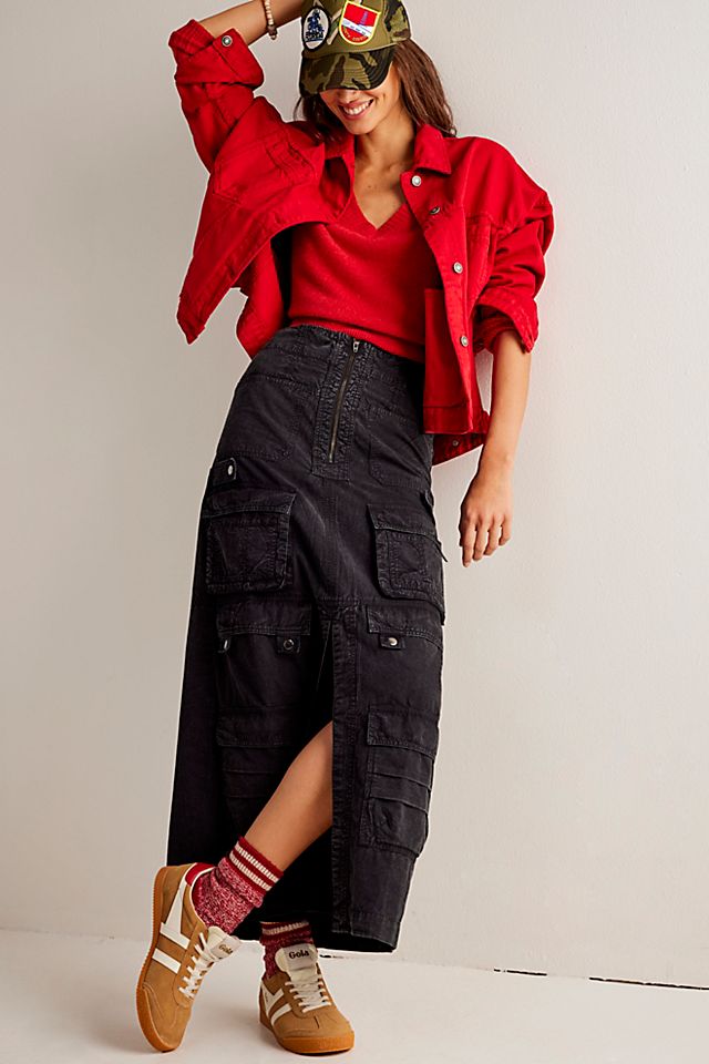 Bold Black Maxi Cargo Skirt with Vibrant Red Accents — Cargo Skirts 2027