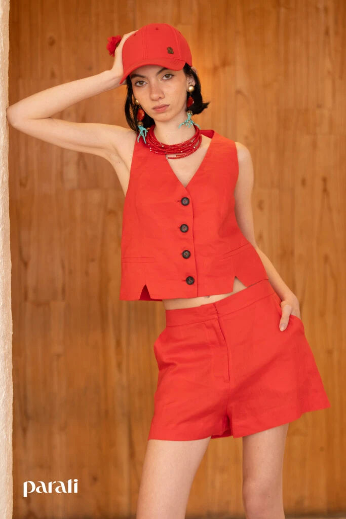 Monochromatic Red Linen Set with Baseball Cap Monochromatic Red Linen Set with Baseball Cap — Summer Outfits 2027 with Shorts