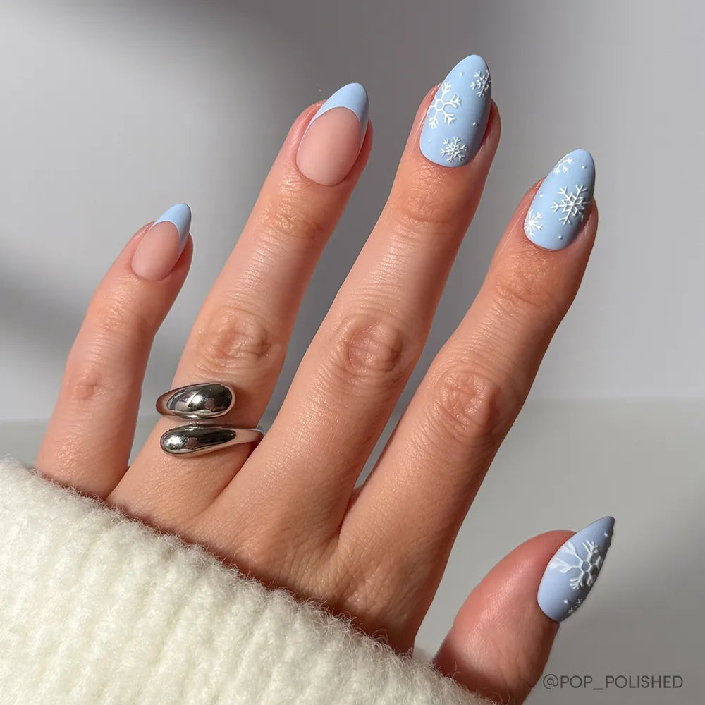 Pastel Blue Matte with Snowflake Art — Winter Oval Nails 2027