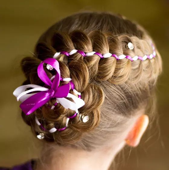 Blonde Braided Updo Purple Ribbon — Ribbons Little Girl Hairstyles 2027