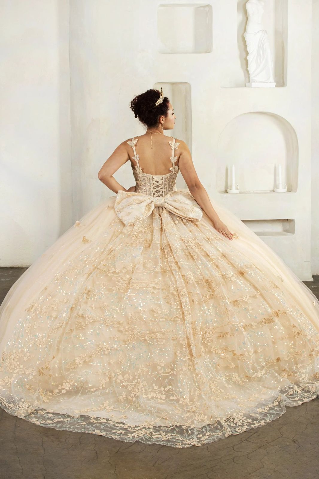 Sparkling Champagne Ball Gown with 3D Butterfly Straps and Corset Back — Champagne Quinceanera Dress 2027