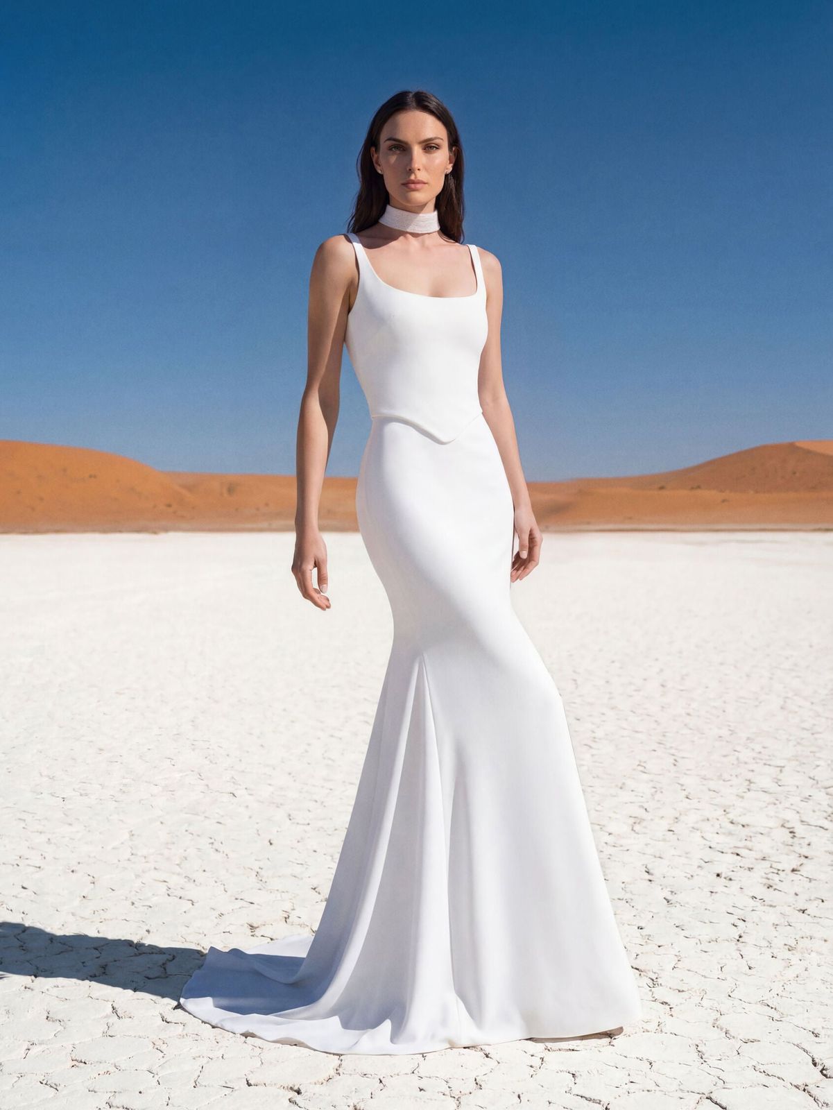 White Crepe Mermaid Wedding Dress with Square Neckline and Choker White Crepe Mermaid Wedding Dress with Square Neckline and Choker — Square Neck Wedding Dresses 2027