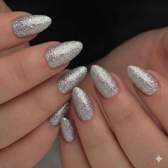 Full Coverage Silver Glitter Almond — Sparkly Prom Nails 2027