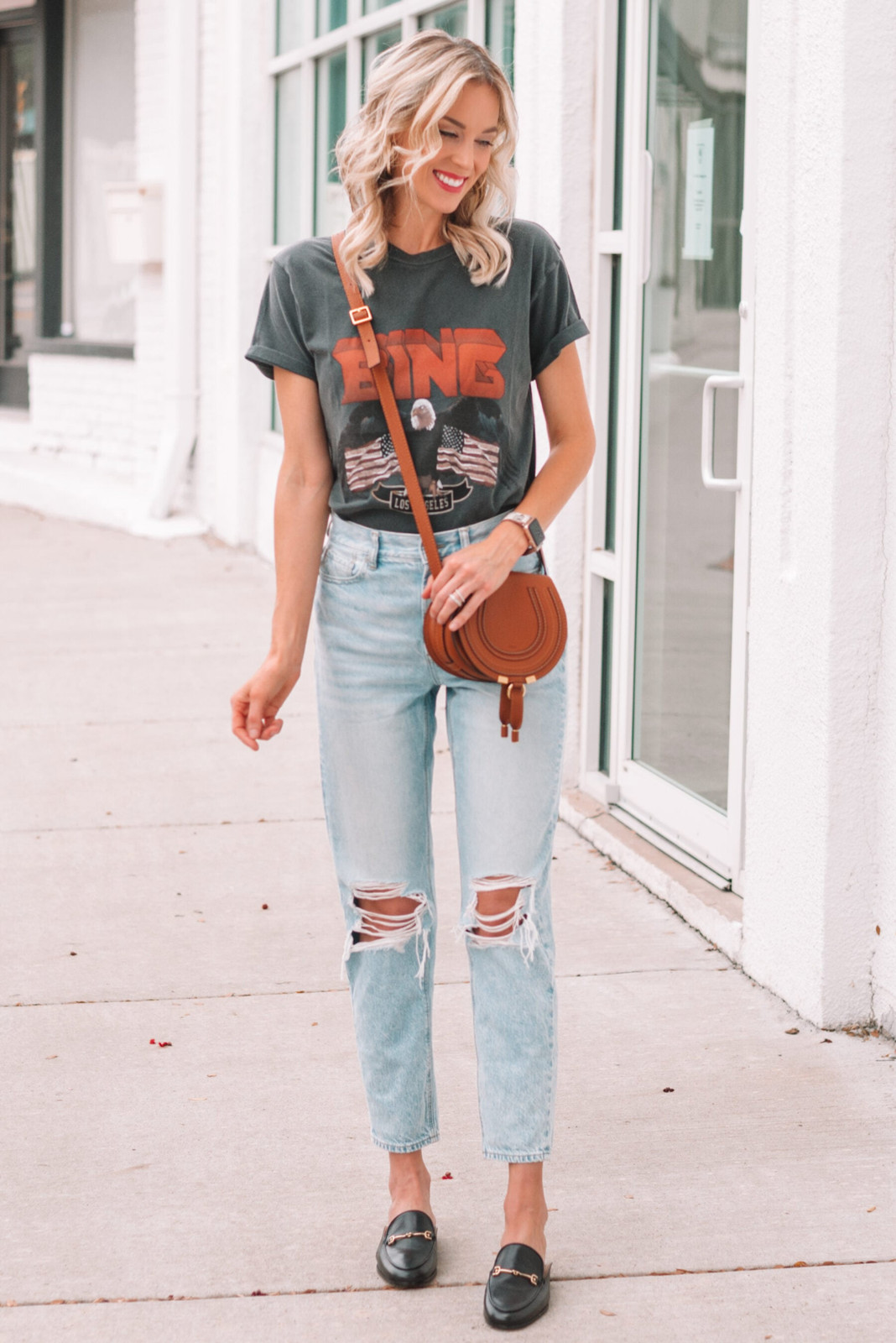 Light Blue Ripped Straight Leg Jeans with Black Loafers — Straight Leg Jeans Outfits 2027 with Graphic Tee