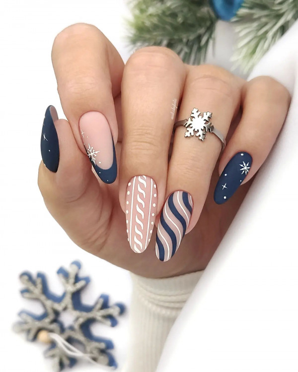 Matte Navy Knit and Snowflake Oval Nails Matte Navy Knit and Snowflake Oval Nails — Blue Christmas Nails 2026