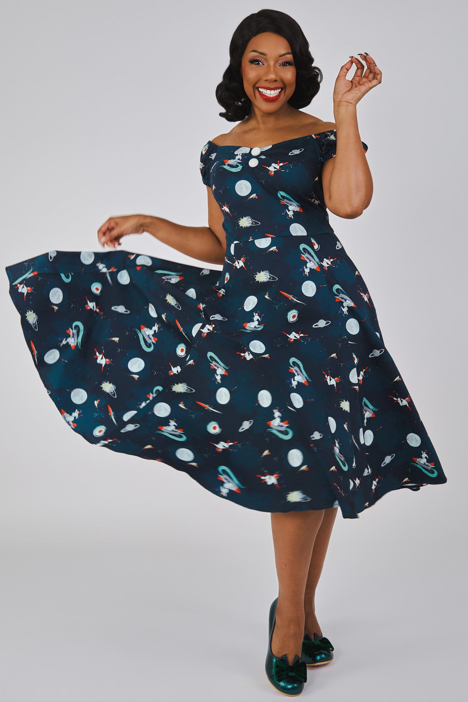 Space Print Off-the-Shoulder Dress with Metallic Heels Space Print Off-the-Shoulder Dress with Metallic Heels — Pin Up Outfits 2027
