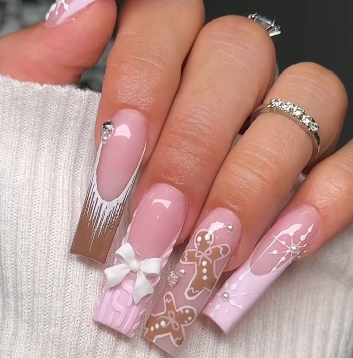 Glossy With Matte Textured Elements Visual Idea — Long Christmas Nails 2026