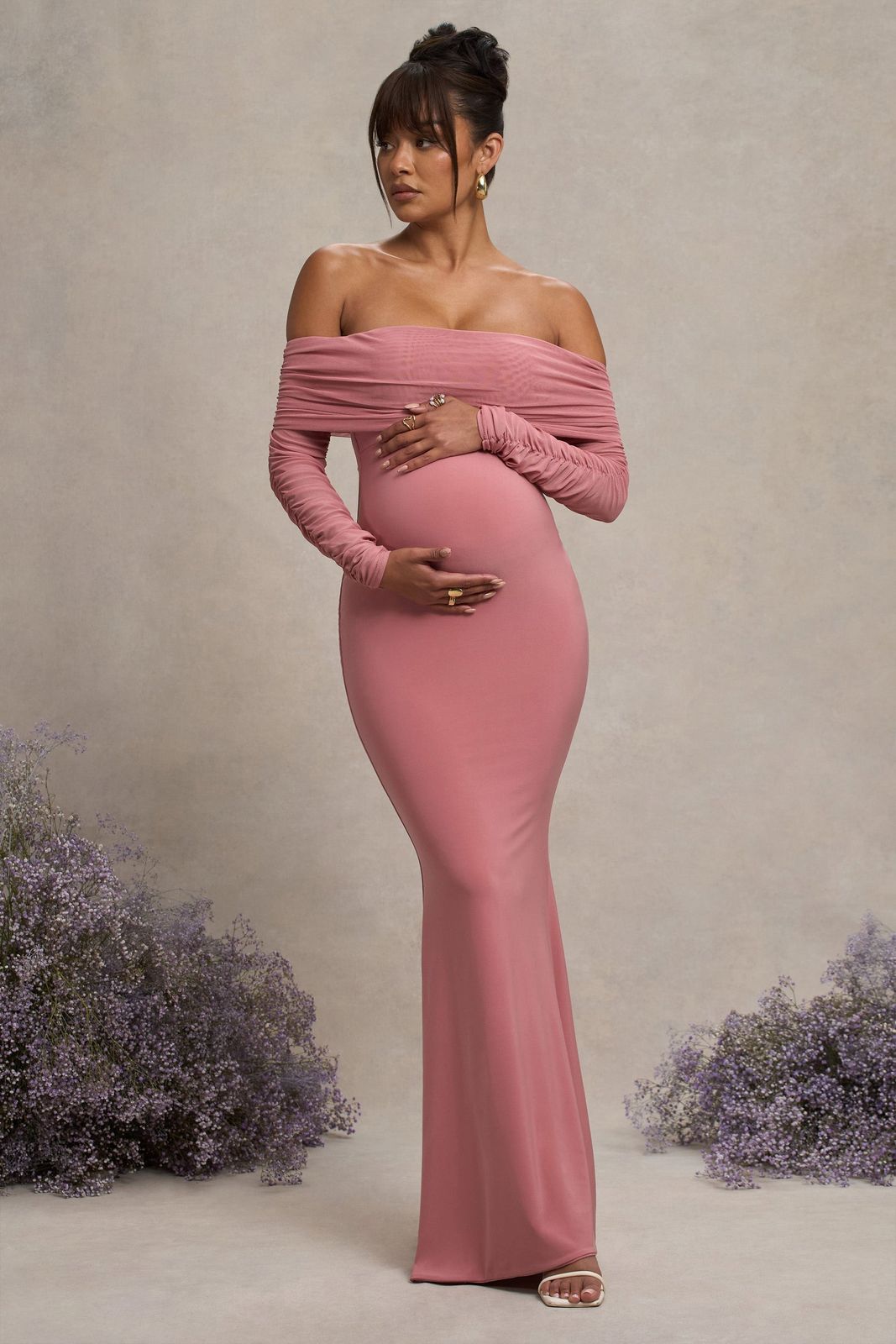 Blush Pink Ruched Mesh Off-the-Shoulder Maxi Dress Blush Pink Ruched Mesh Off-the-Shoulder Maxi Dress — Blush Rehearsal Dinner Dress 2027
